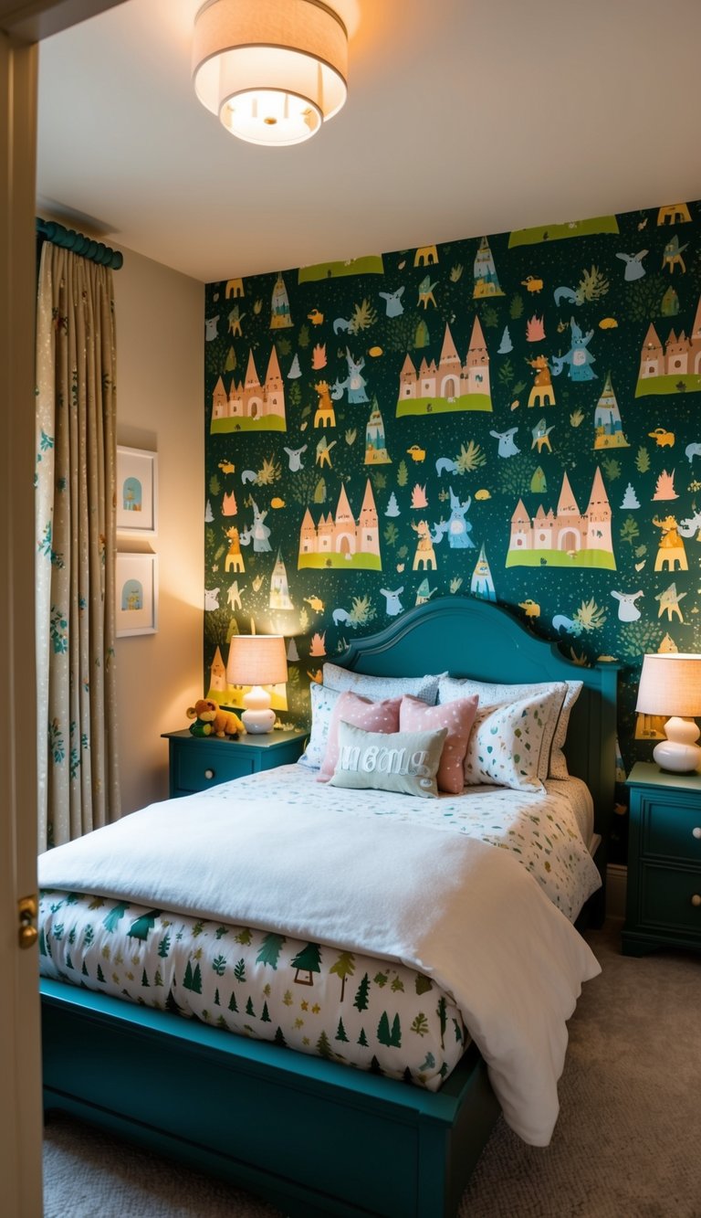 Kids bedroom with bed in the middle, in the background as a wallpaper its design is A magical forest with fairytale creatures and castles, bathed in soft, warm light