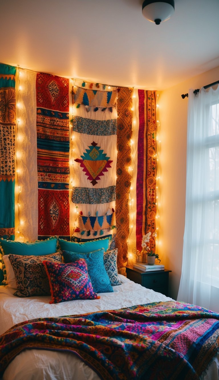 Fairy lights casting a warm glow in a bohemian bedroom filled with vibrant colors and eclectic patterns