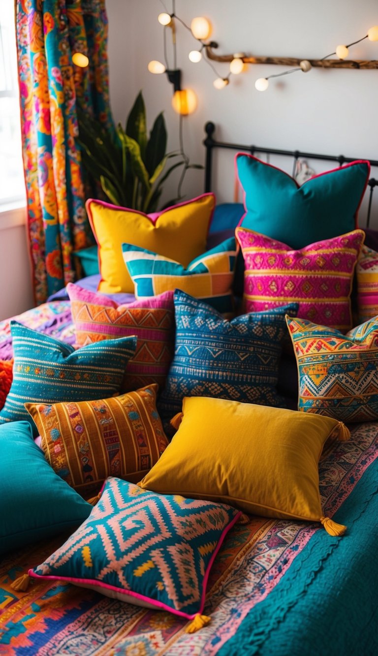 A variety of colorful, patterned throw pillows arranged on a cozy bohemian bed