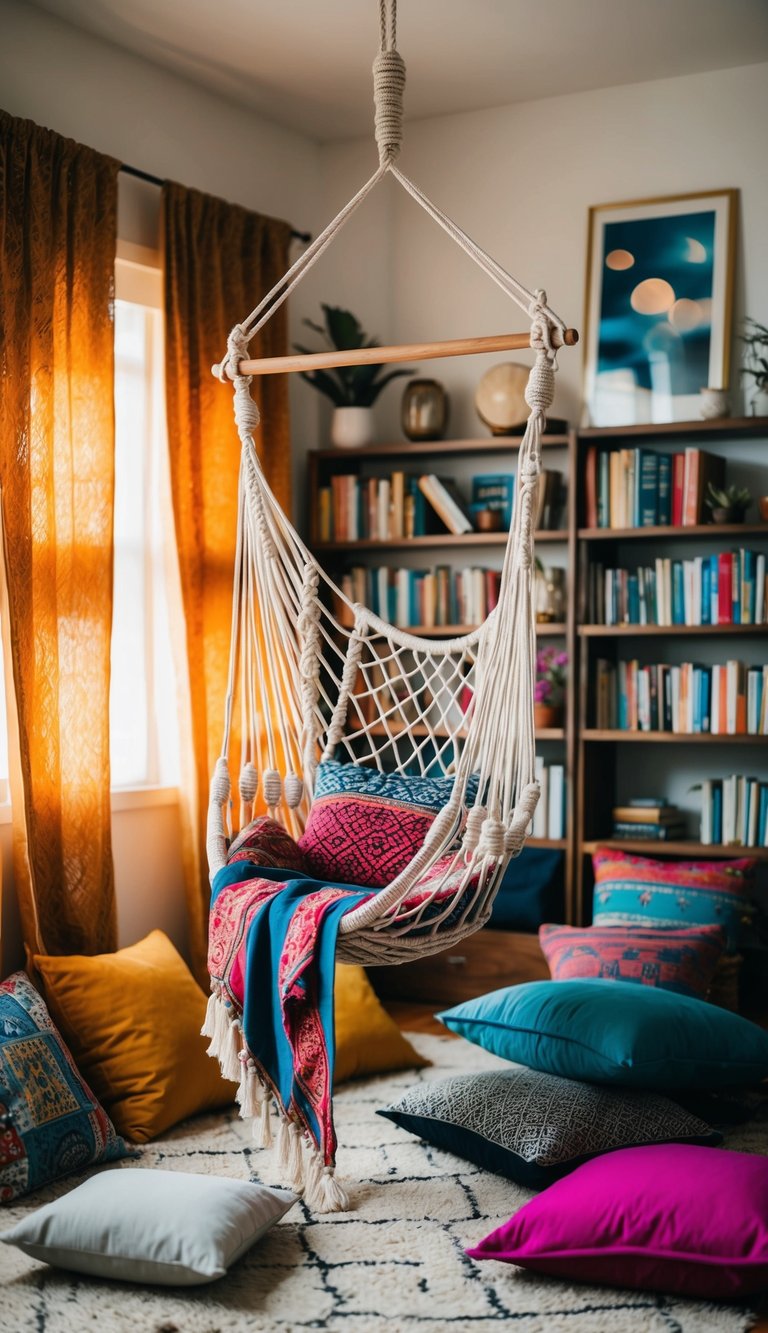 A cozy reading nook with a macramé hammock chair, colorful textiles, floor cushions, and bookshelves