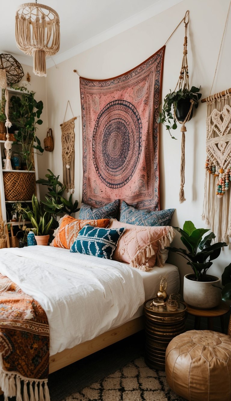Eclectic boho bedroom filled with tapestries, macramé, plants, and vintage trinkets