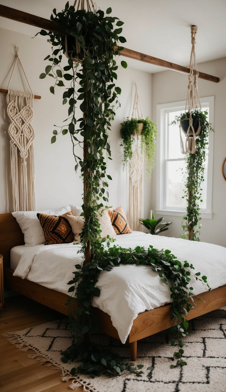 Lush greenery cascading from macramé hangers in a boho bedroom