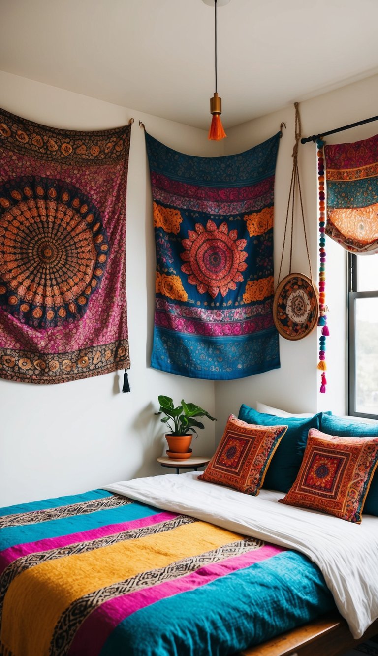 Boho bedroom with vibrant tapestries adding color and personality