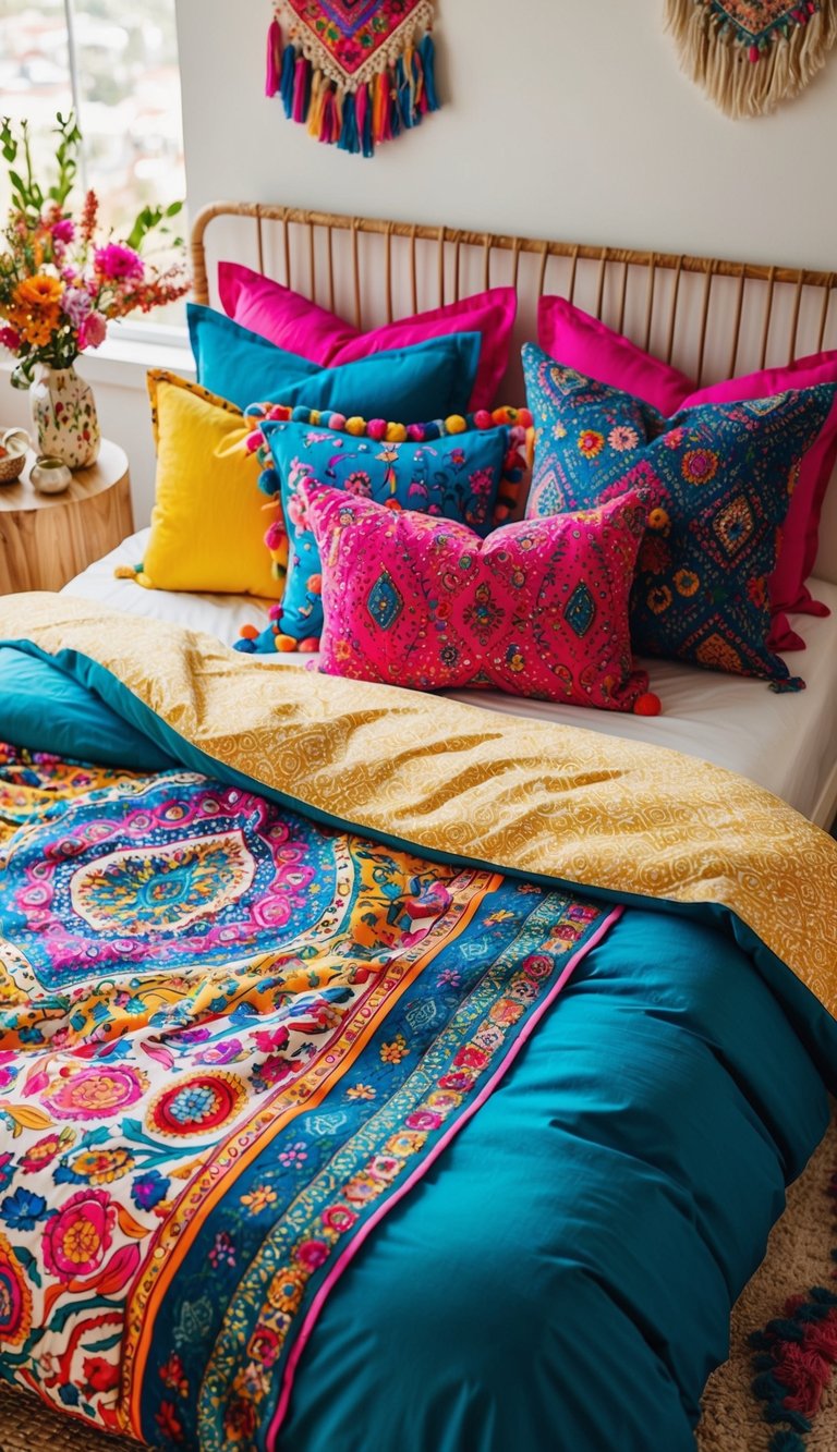 A bed with vibrant, eclectic boho bedding surrounded by colorful pillows and décor