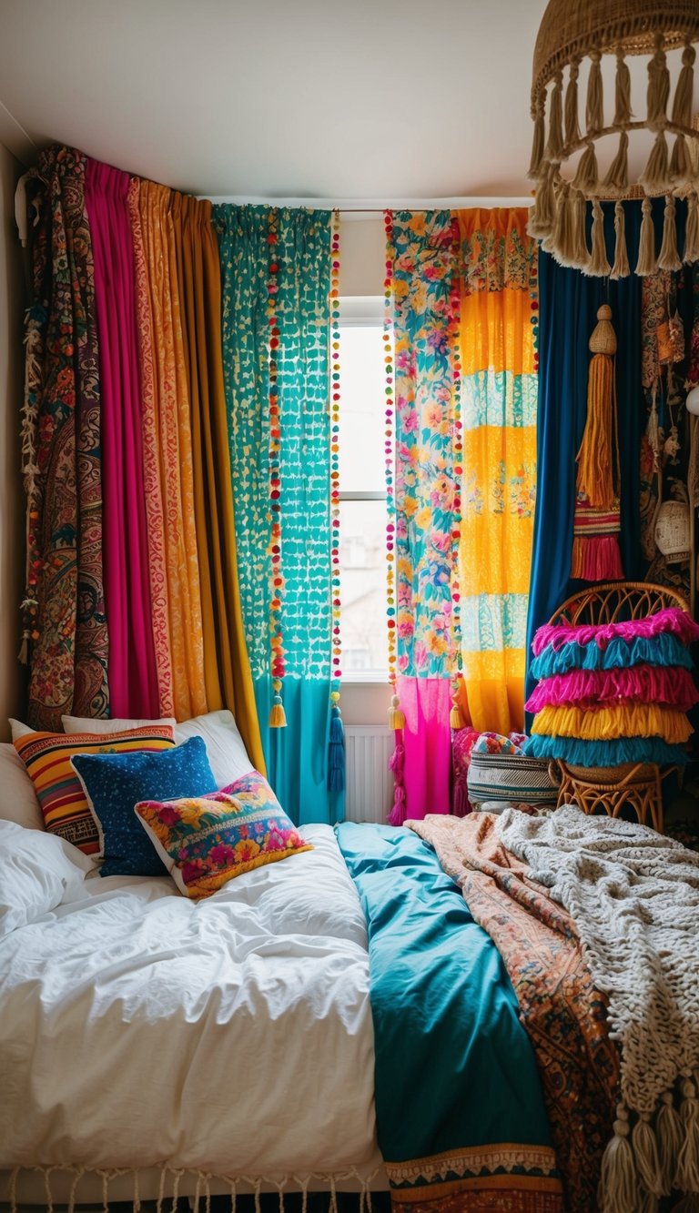Boho bedroom with mismatched curtains in vibrant colors and patterns