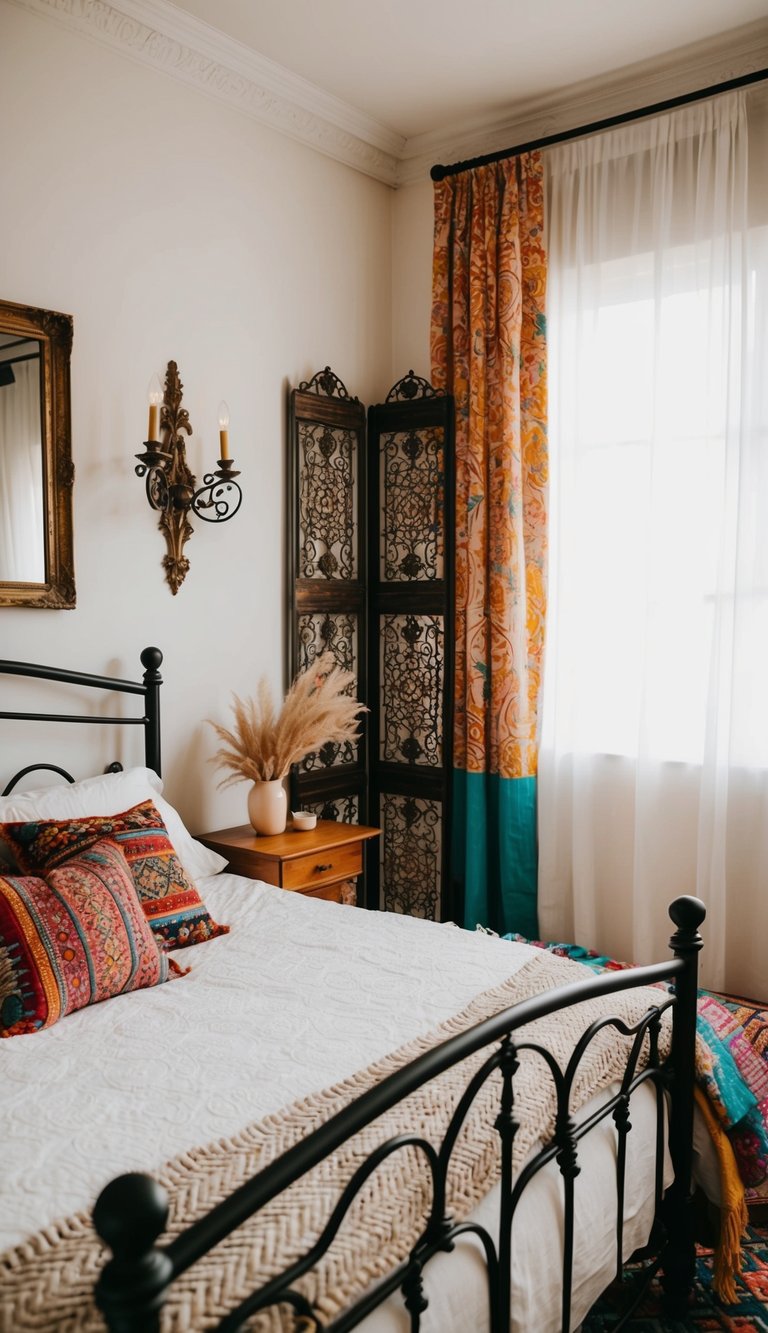 Boho bedroom with wrought iron bed frame and decorative accents