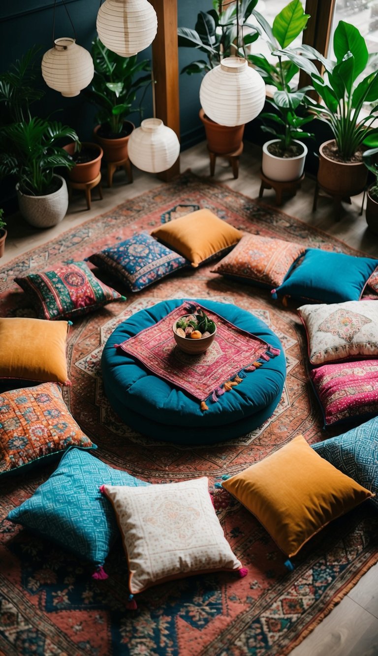 Floor cushions arranged around a low table with colorful textiles and plants