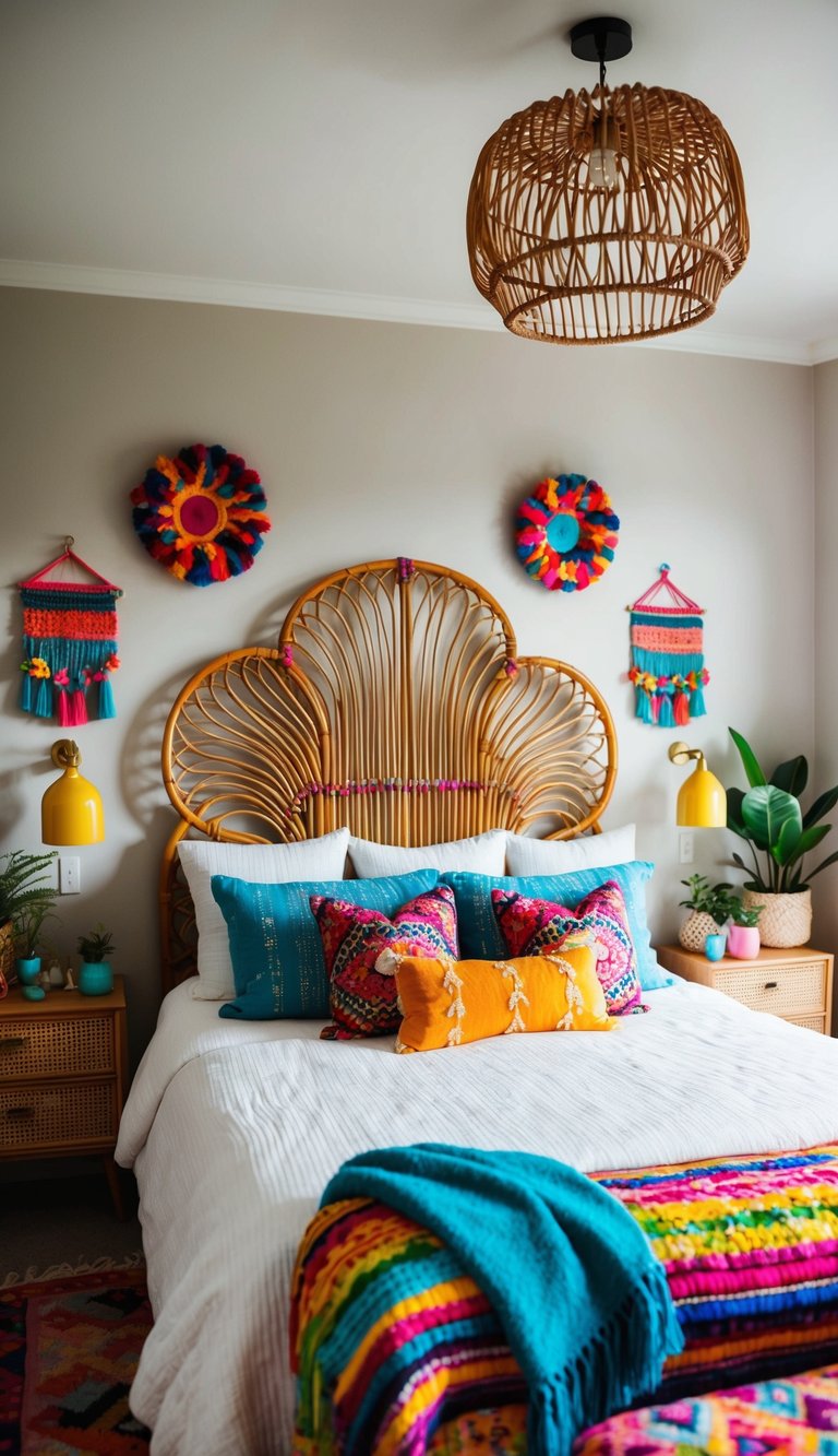 Boho bedroom featuring a vibrant rattan headboard and colorful accents