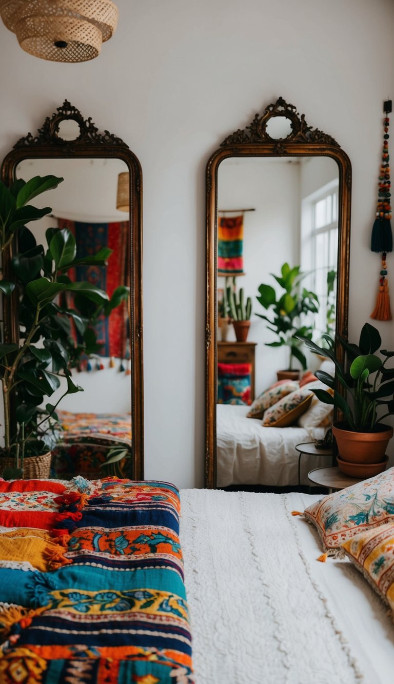 Antique mirrors reflecting colorful textiles and vintage décor in a boho bedroom