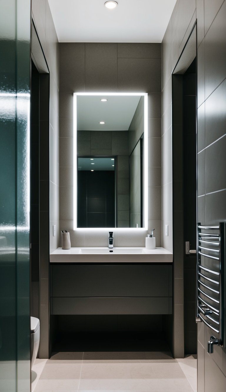 Large mirror reflecting light in a narrow bathroom