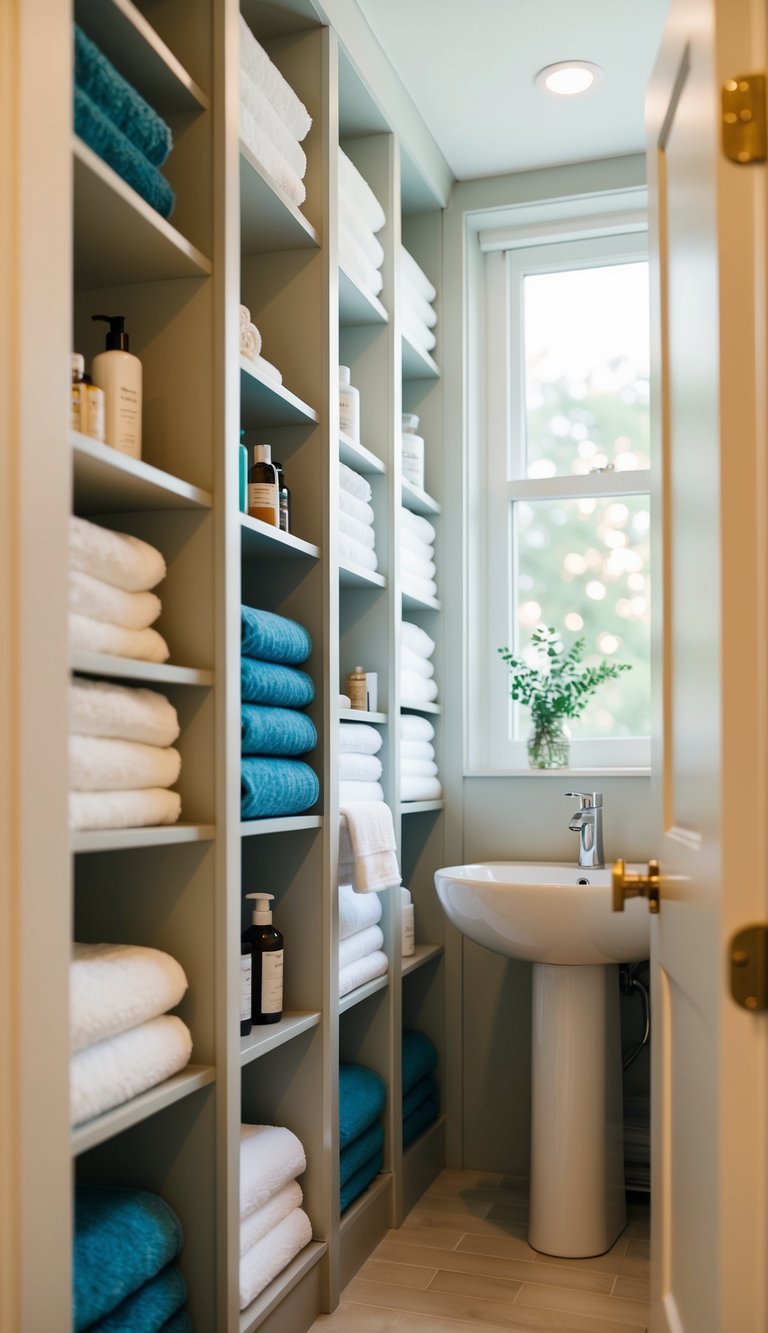 Tall narrow storage shelves in a compact bathroom