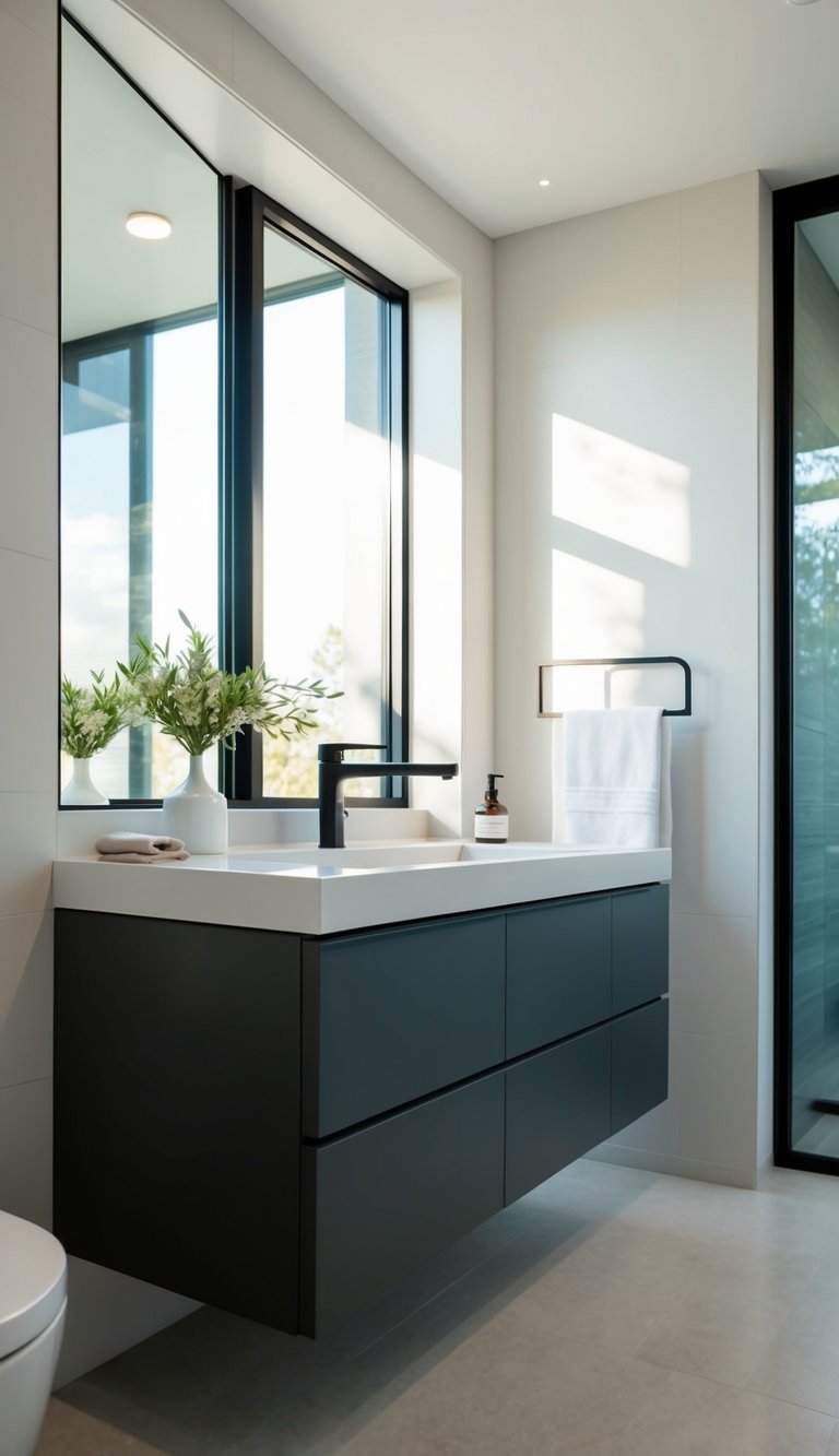 Modern floating vanity in a narrow bathroom with natural light