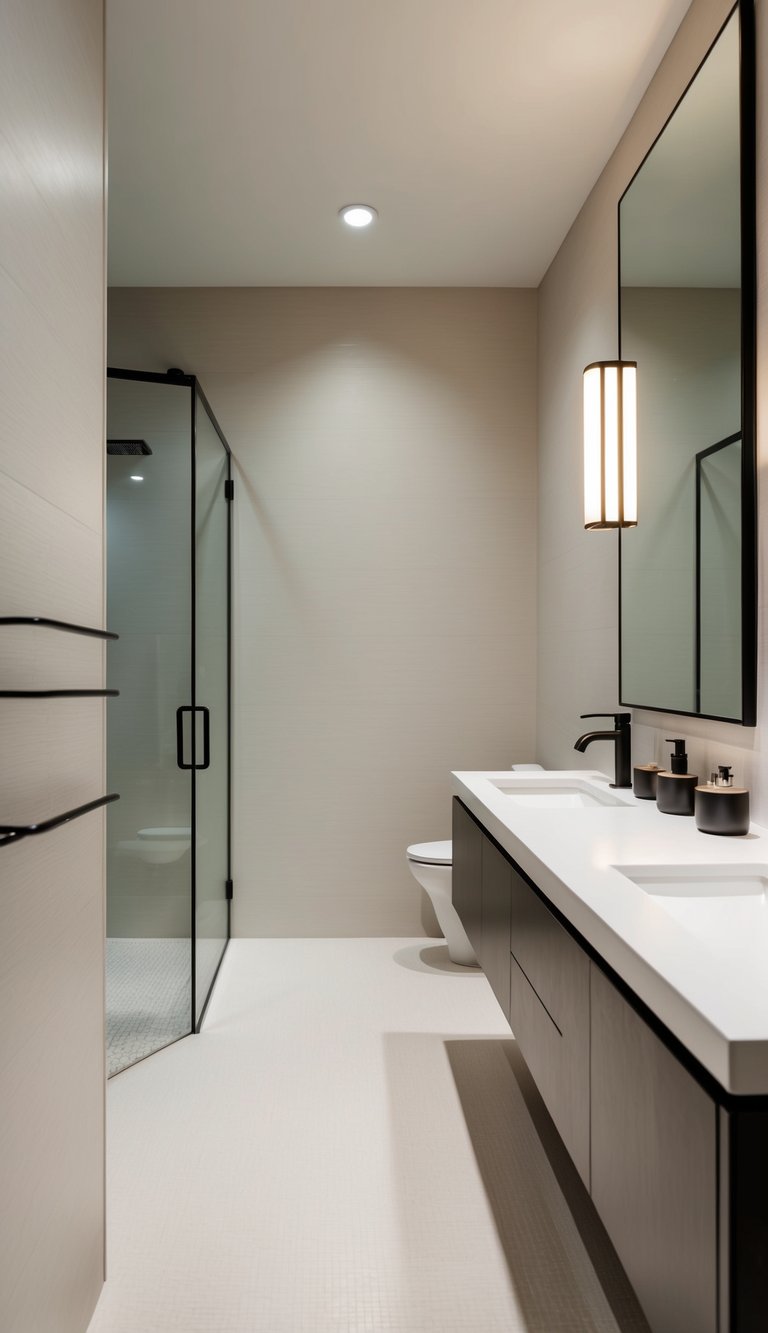 Light-colored walls and modern vanity in a narrow bathroom