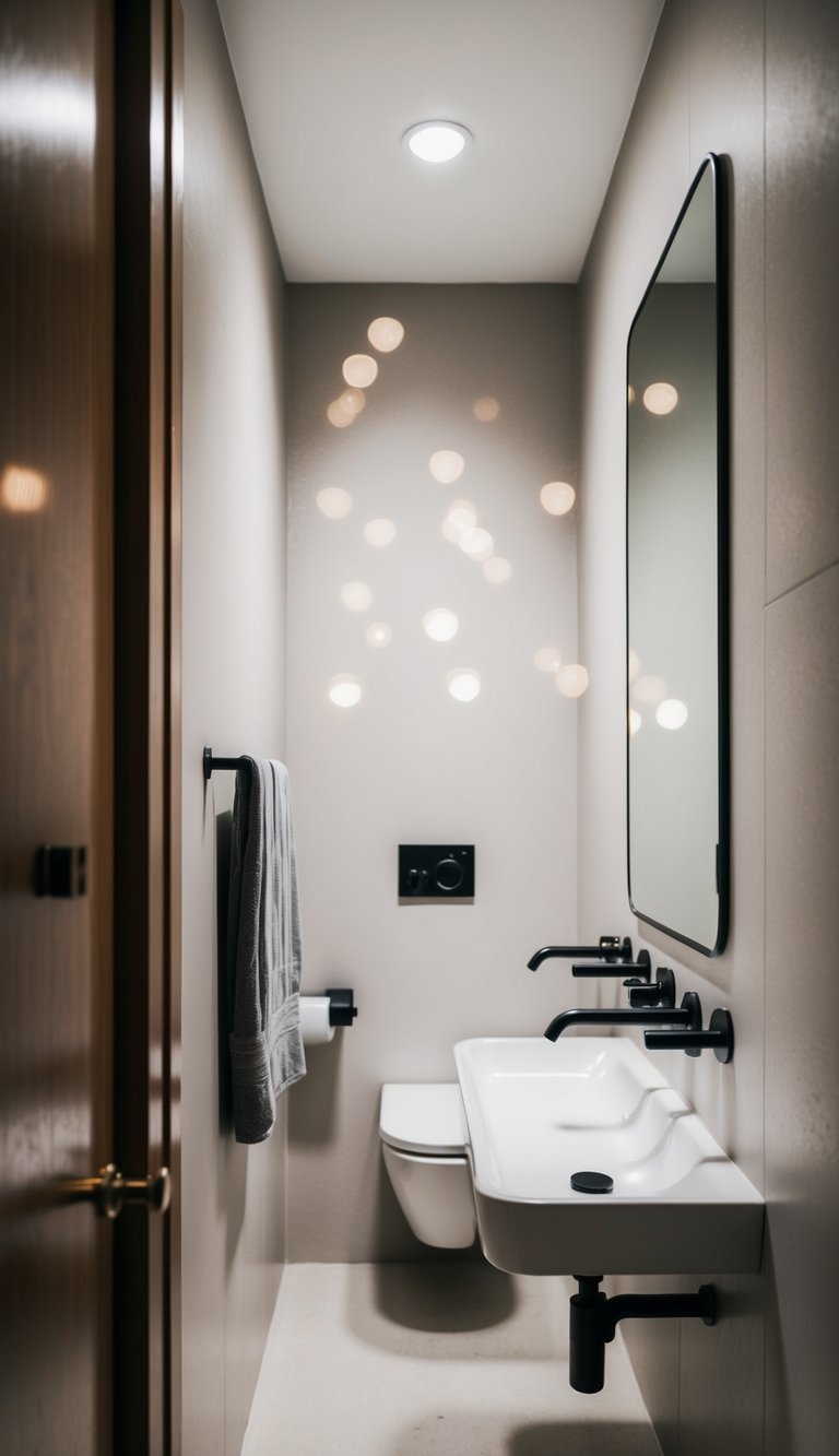 Wall-mounted faucets in a minimalist narrow bathroom