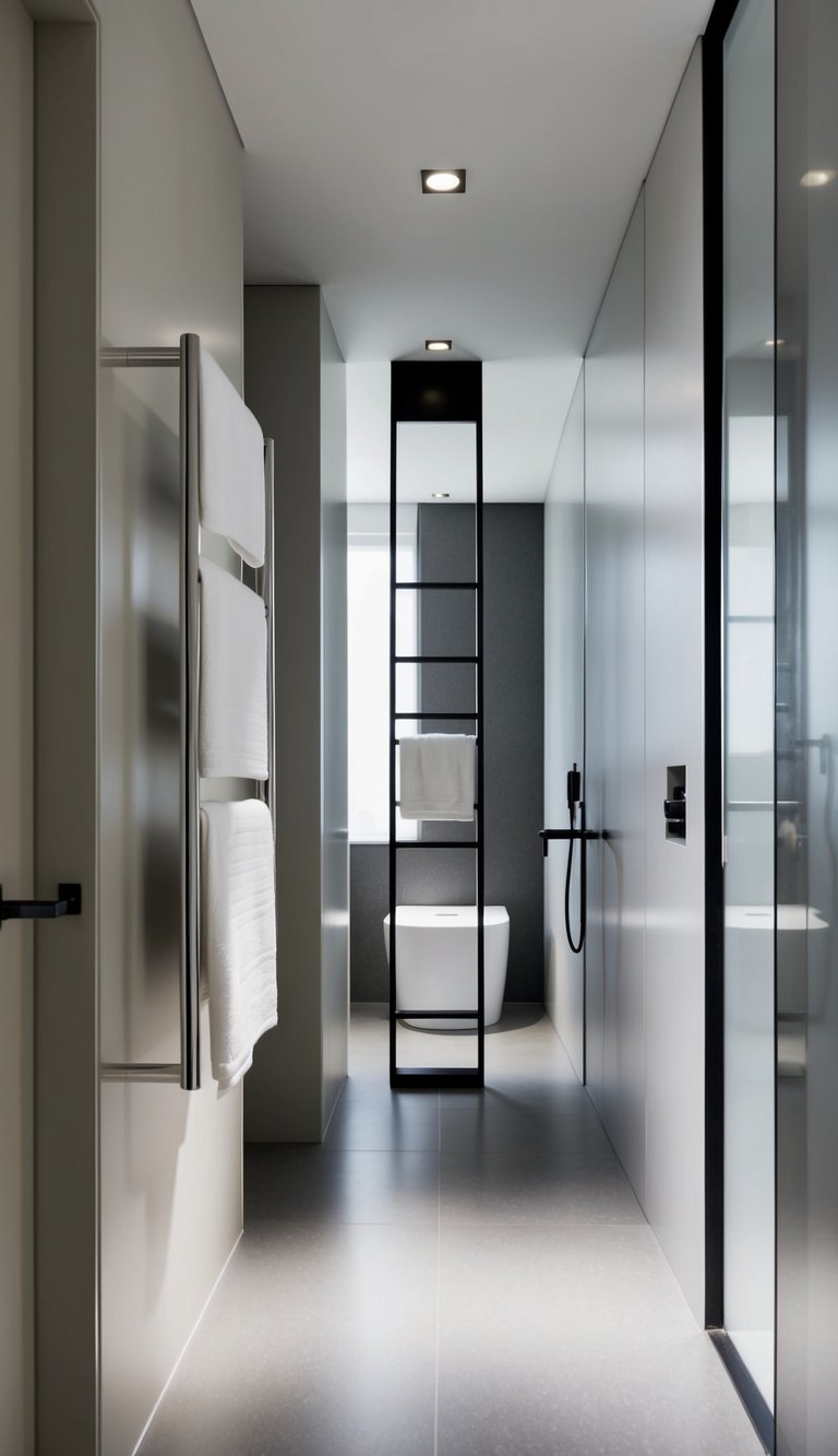 Towel ladder in a modern narrow bathroom