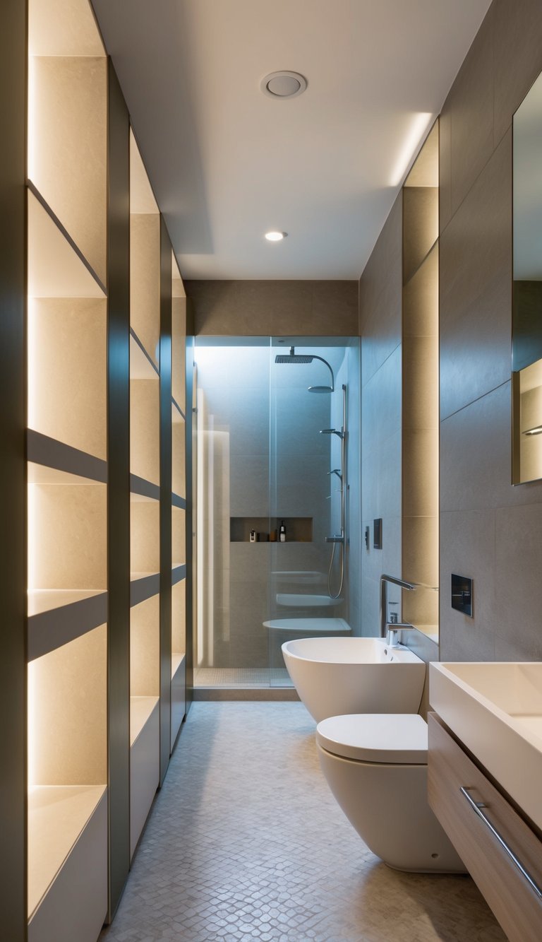 Built-in niches in a narrow bathroom