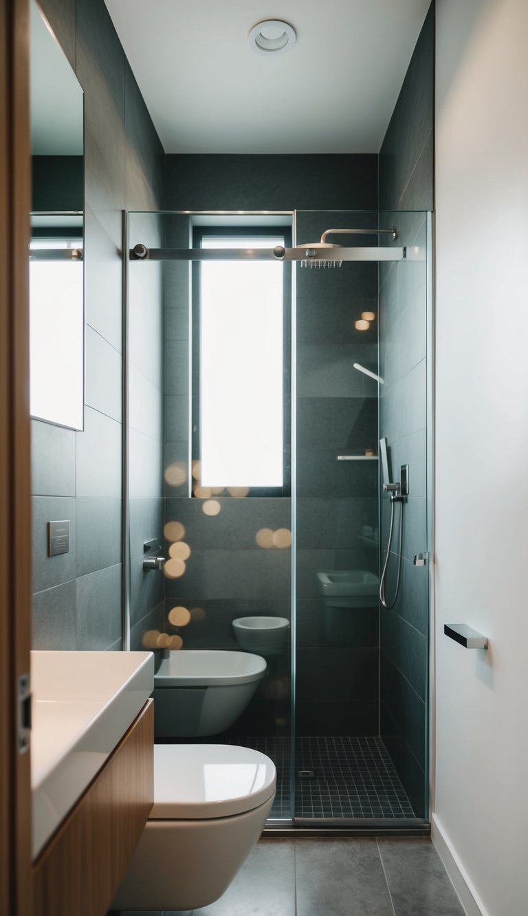 Clear glass shower screen in a narrow bathroom