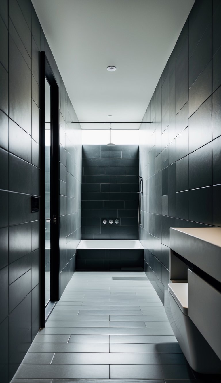 Long narrow tiles on bathroom walls and floor