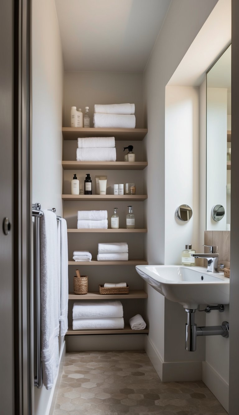 Corner shelves in a narrow bathroom