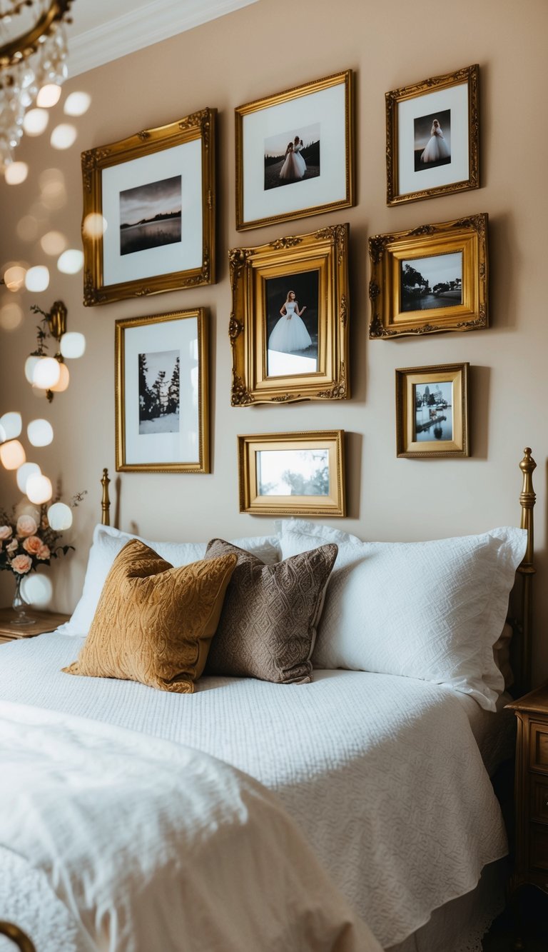 A cozy bedroom with gilded picture frames adorning the walls, creating a vintage princess aesthetic