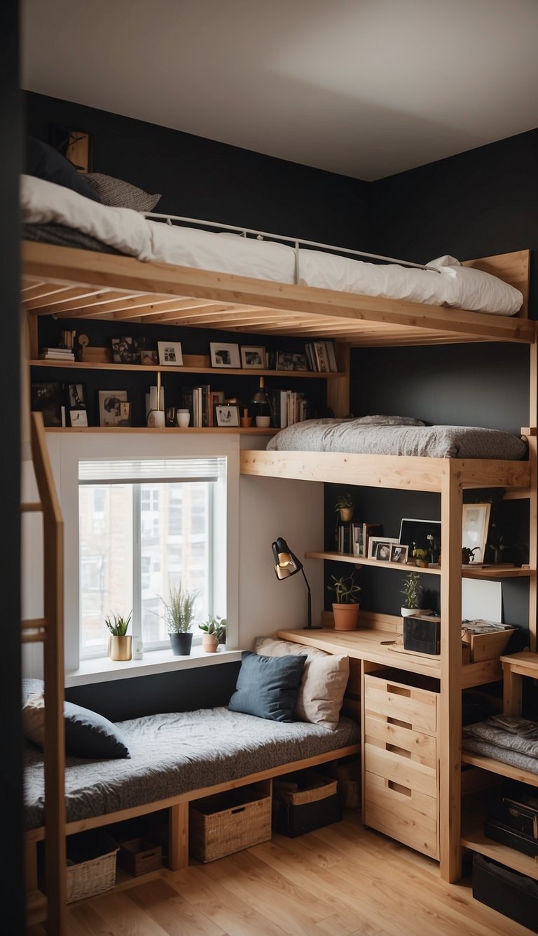 A loft bed sits in a small room, surrounded by clever storage solutions and cozy decor. The space feels functional and stylish, with plenty of room for living and sleeping