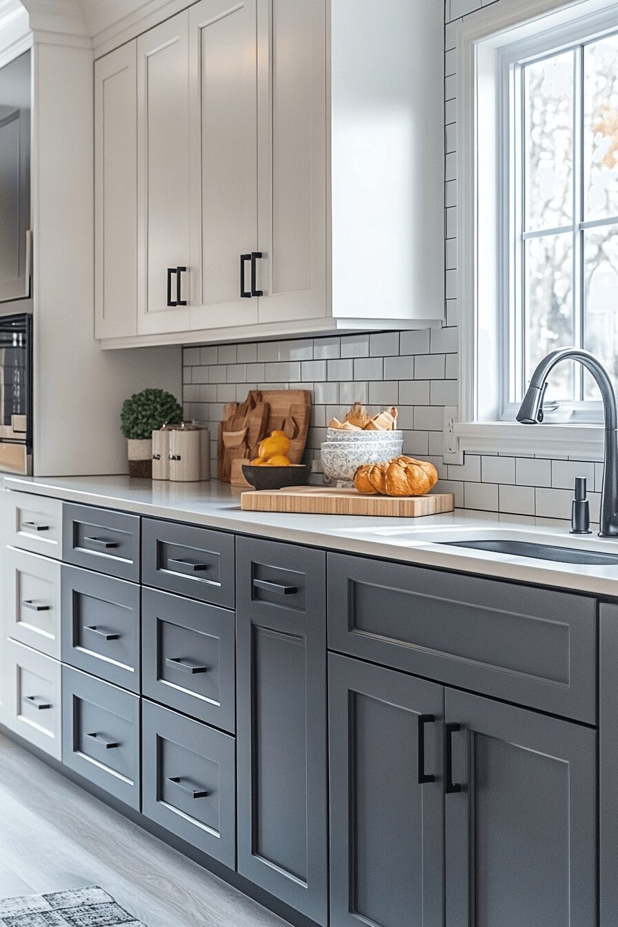 grey and white kitchen cabinets