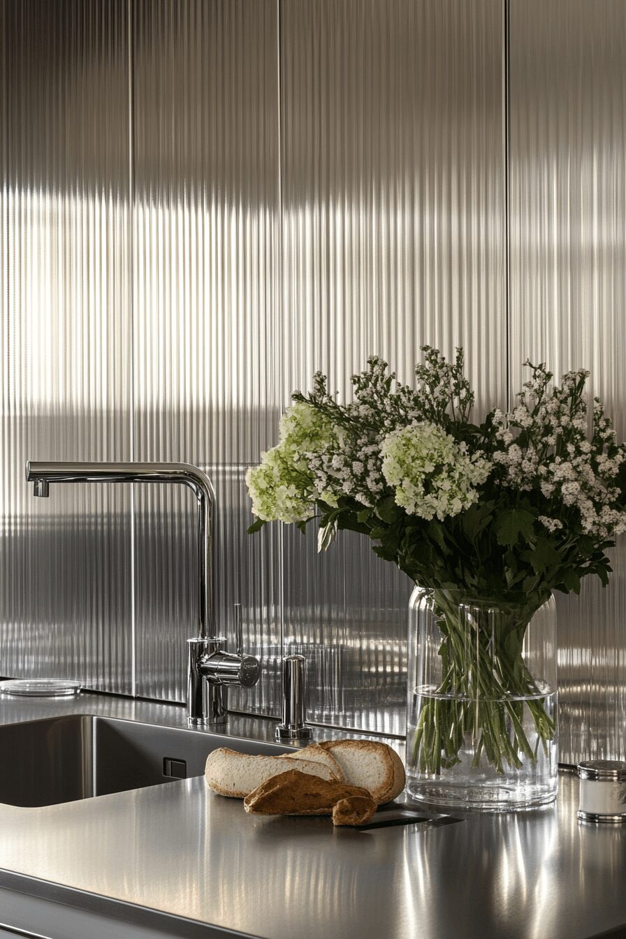 chrome accented fluted glass kitchen cabinets