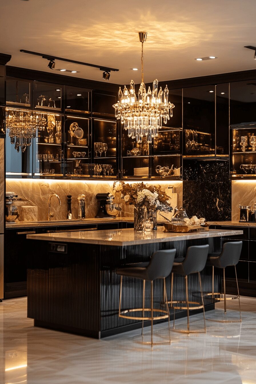 luxurious fluted glass kitchen cabinets
