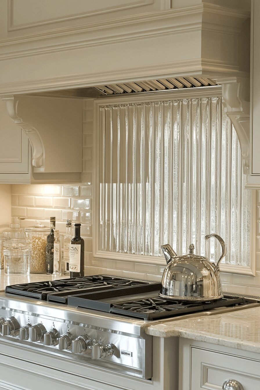 understated fluted glass kitchen cabinets