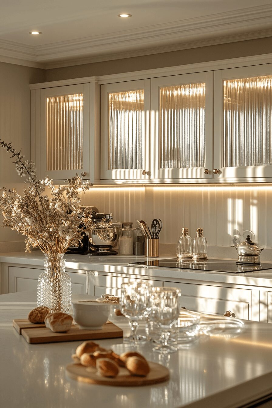 refined fluted glass kitchen cabinets