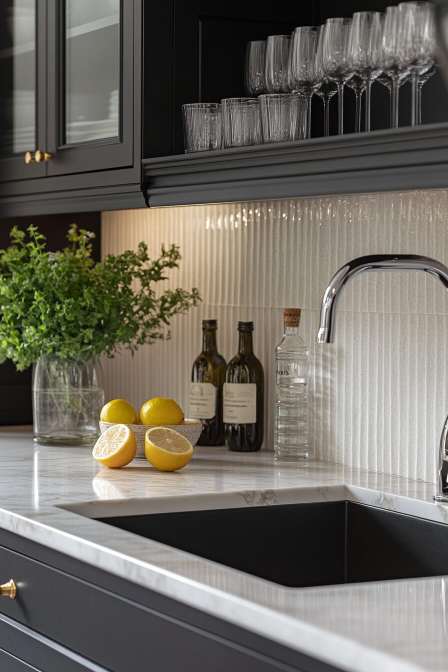 monochrome fluted glass kitchen cabinets