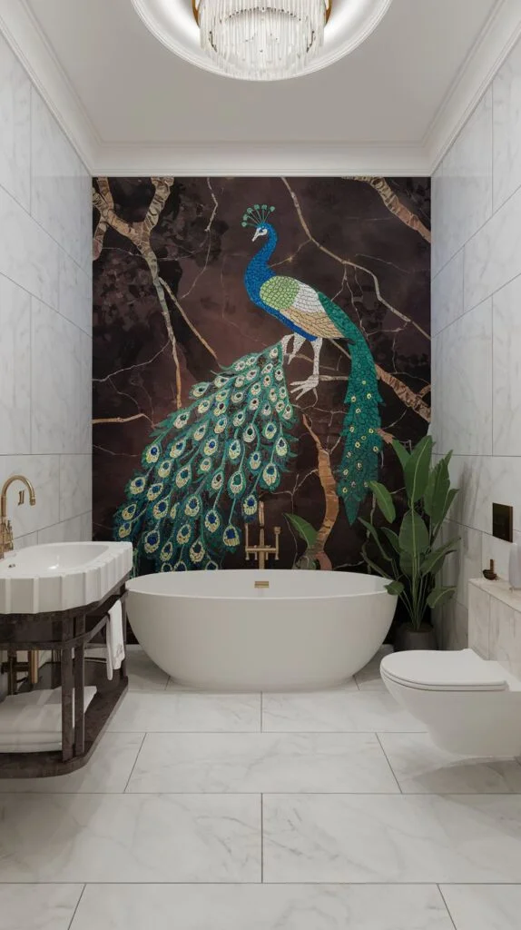 Opulent luxury bathroom with a large, dramatic peacock mosaic mural set against a dark brown, richly veined stone accent wall above a white freestanding bathtub.