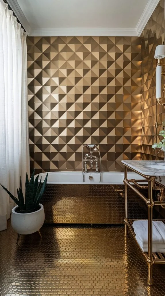Ultra-modern luxury bathroom accent wall composed of 3D pyramidal geometric tiles in a metallic bronze finish, matching the highly textured coin tile floor.