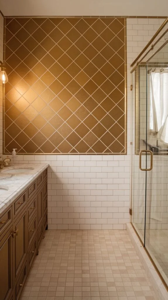 Elegant luxury accent wall section above a vanity featuring a rich golden field patterned with a precise white/gold geometric diamond lattice design.