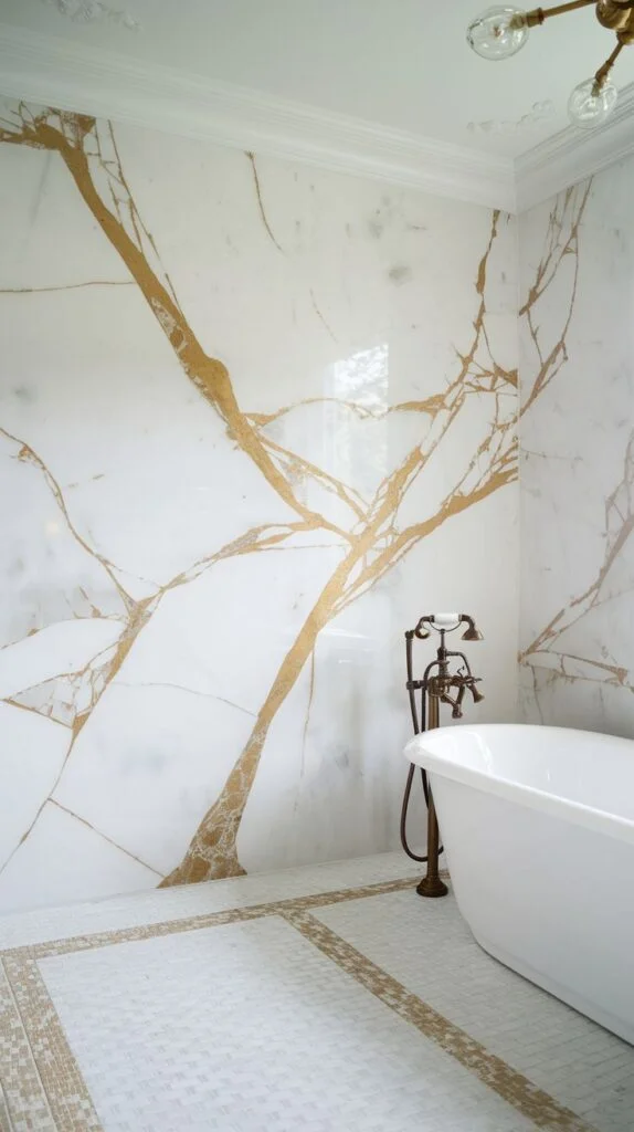 Exquisite luxury accent wall created from a monumental white marble slab exhibiting dramatic, thick, branching fissures of gold/ochre veining.