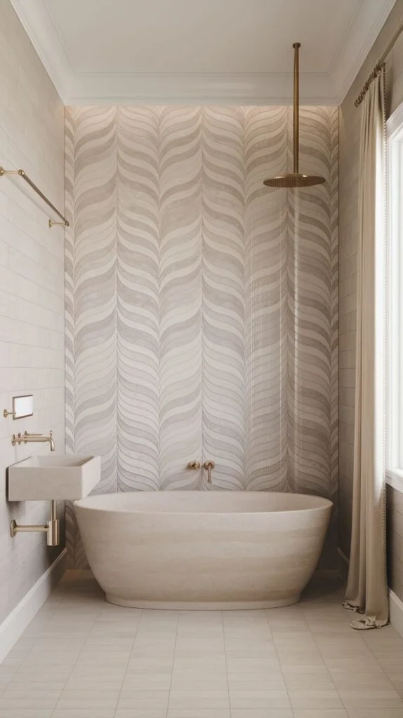 Tranquil luxury accent wall featuring vertical tiles arranged in a continuous, soft undulating wave pattern in subtle light beige and tan tones behind a stone bathtub.
