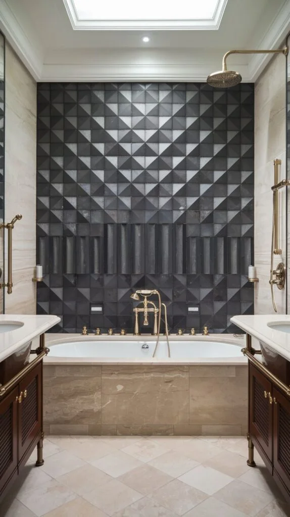 Symmetrical luxury accent wall composed of contrasting dark textures: an upper section of 3D pyramid tiles transitioning to a lower section of sculpted vertical bar tiles above a sunken tub.