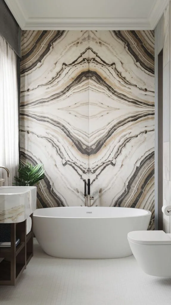 Stunning luxury accent wall created using bookmatched slabs of banded stone (likely onyx), forming a large, symmetrical lozenge pattern in white, black, and brown concentric waves.