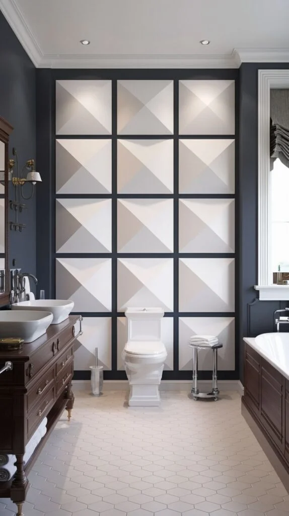 Contemporary luxury accent wall featuring a dramatic grid of large white square panels with raised pyramidal 3D relief shapes, set against deep navy blue paint.