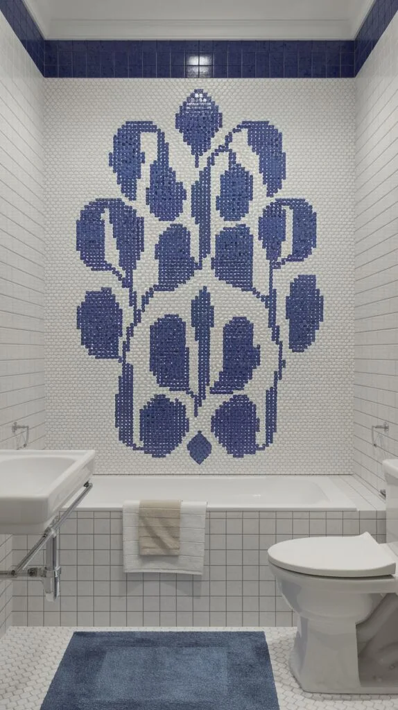 Nautical luxury accent wall above a bathtub featuring a large, centralized floral or botanical design rendered in bright blue mosaic tiles on a white hexagonal tile background.