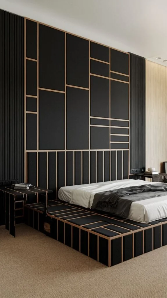 Modern bedroom with geometric black accent wall featuring thin copper metallic lines and vertical ribbed siding