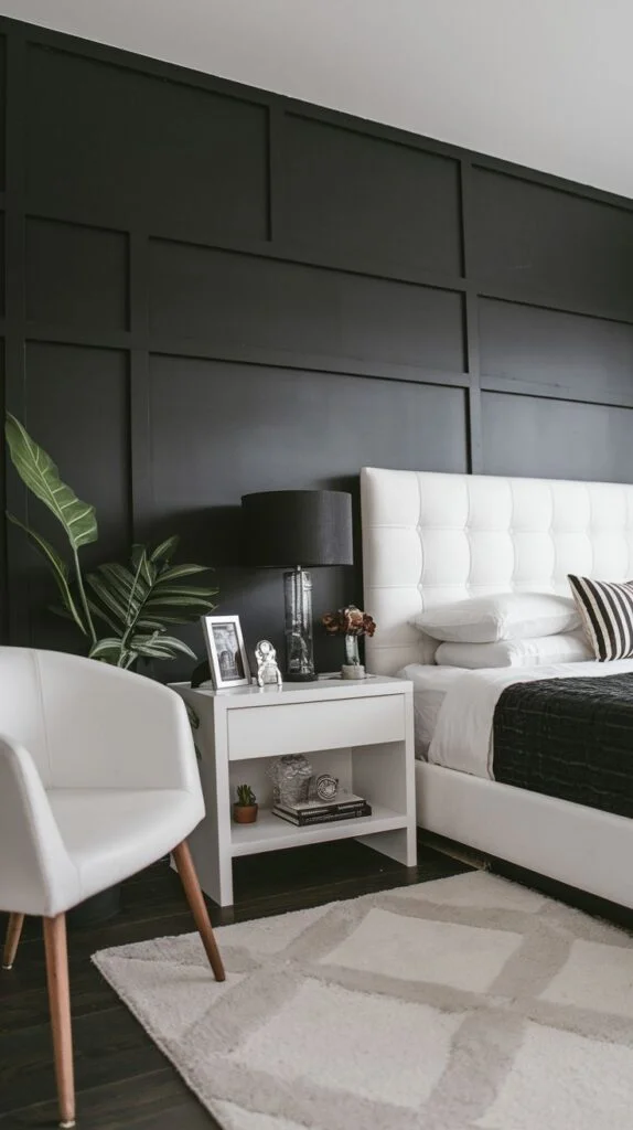 Black accent wall with classic board and batten rectangular paneling