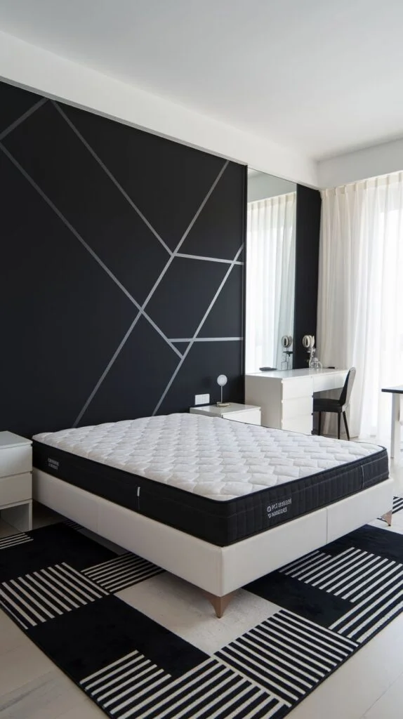 Black accent wall with thin metallic silver angular lines