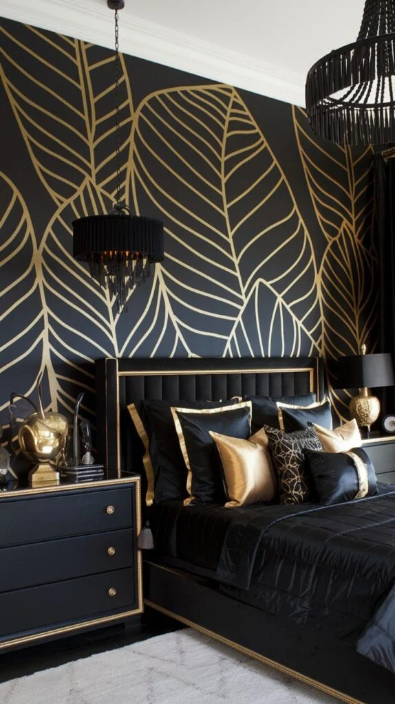 Black accent wall with large gold leaf motif wallpaper