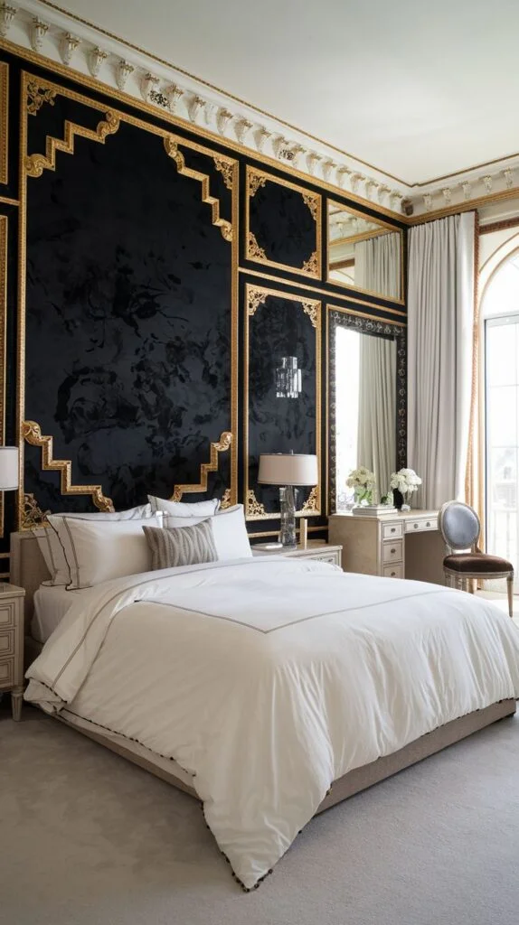 Black velvet paneled wall framed with ornate gold Baroque moldings