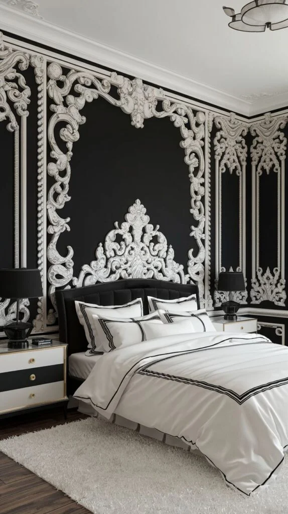 Black accent wall with intricate white plaster Baroque scrollwork