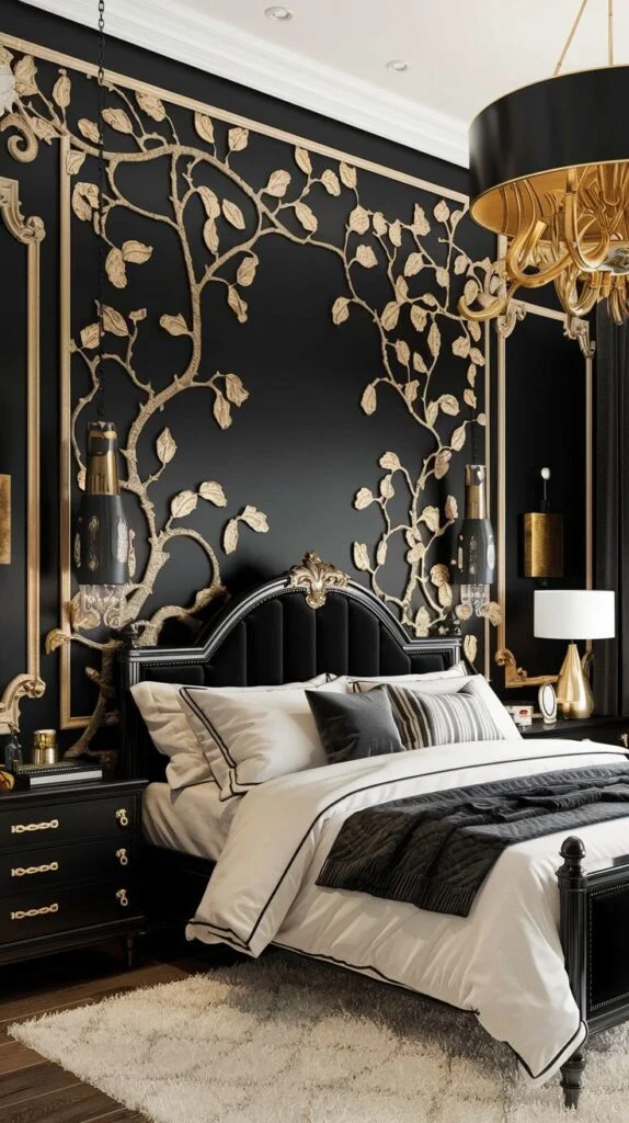 Black accent wall adorned with sculptural gold vine and leaf elements