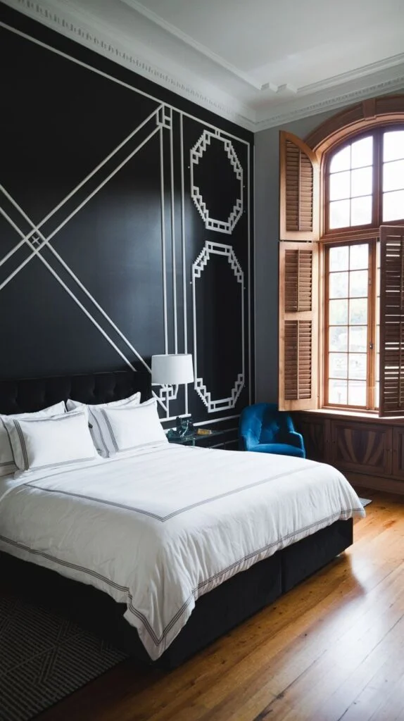 Black accent wall with complex white geometric and octagonal line patterns
