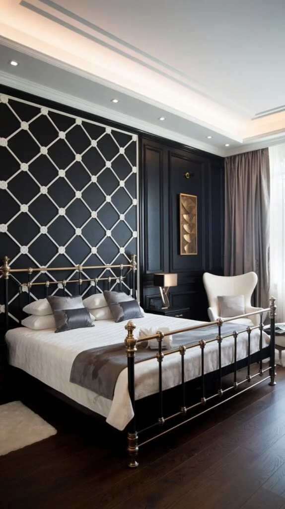 Black accent wall with white diamond lattice quilted overlay