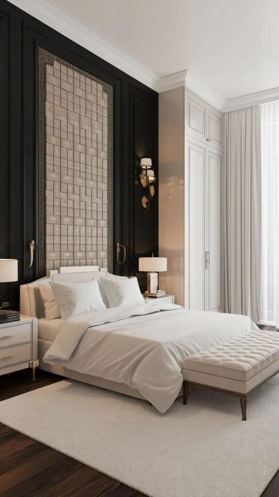 Black paneled wall with central beige rectangular tiled inset